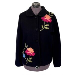 Itsu Black 100% Boiled Wool, Felted Floral Jacket, Size L